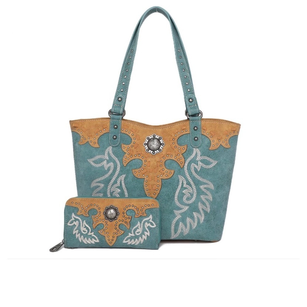 Turquoise American Bling Embroidered Collections Concealed Carry Tote Set - Picture 1 of 3